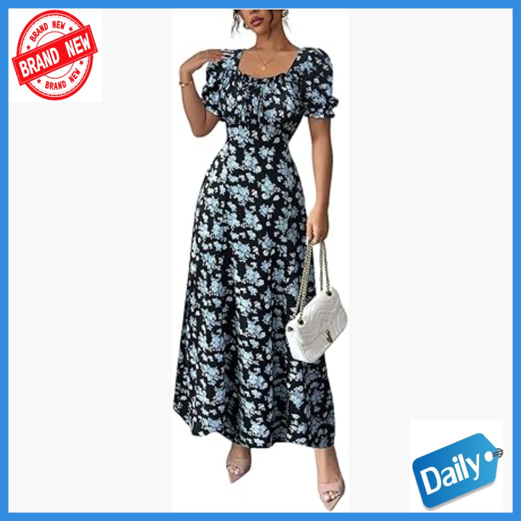Maxi Dress With Puff Sleeves Sweetheart Neckline A-Line Boho Style